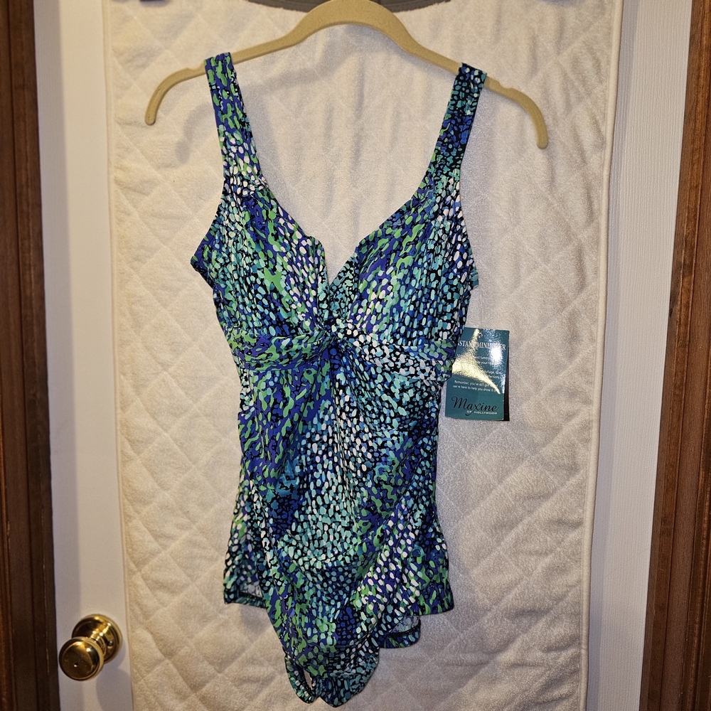 14 Maxine of Hollywood Instant Minimizer One Piece Swimsuit - Blue and Green
